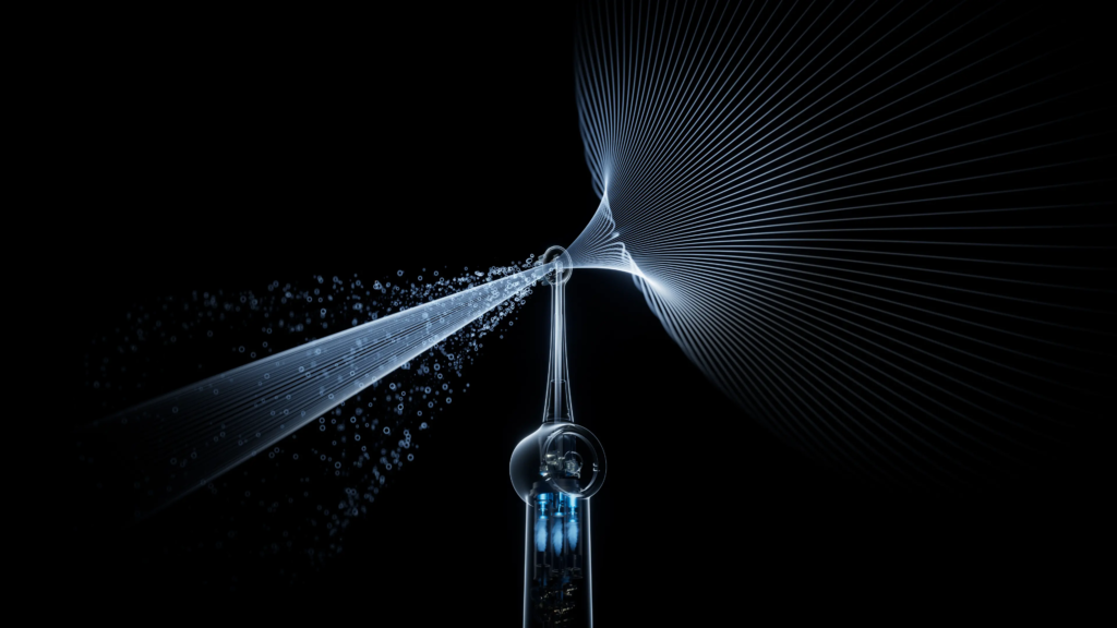 The pump and flow guiding head form a continuous pathway from the handle to the brushing zone.